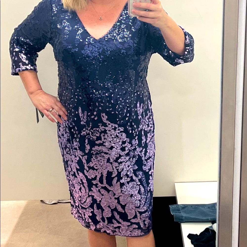 Adrianna Papel sequin ombré midi-length sheath dress in navy blue. Size 20W.